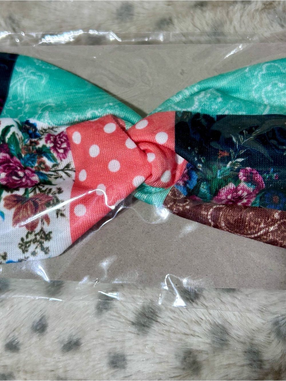 Headband Floral Patchwork Knot Twist Headband Coral Teal w/2 Pearls NWT (only 1)